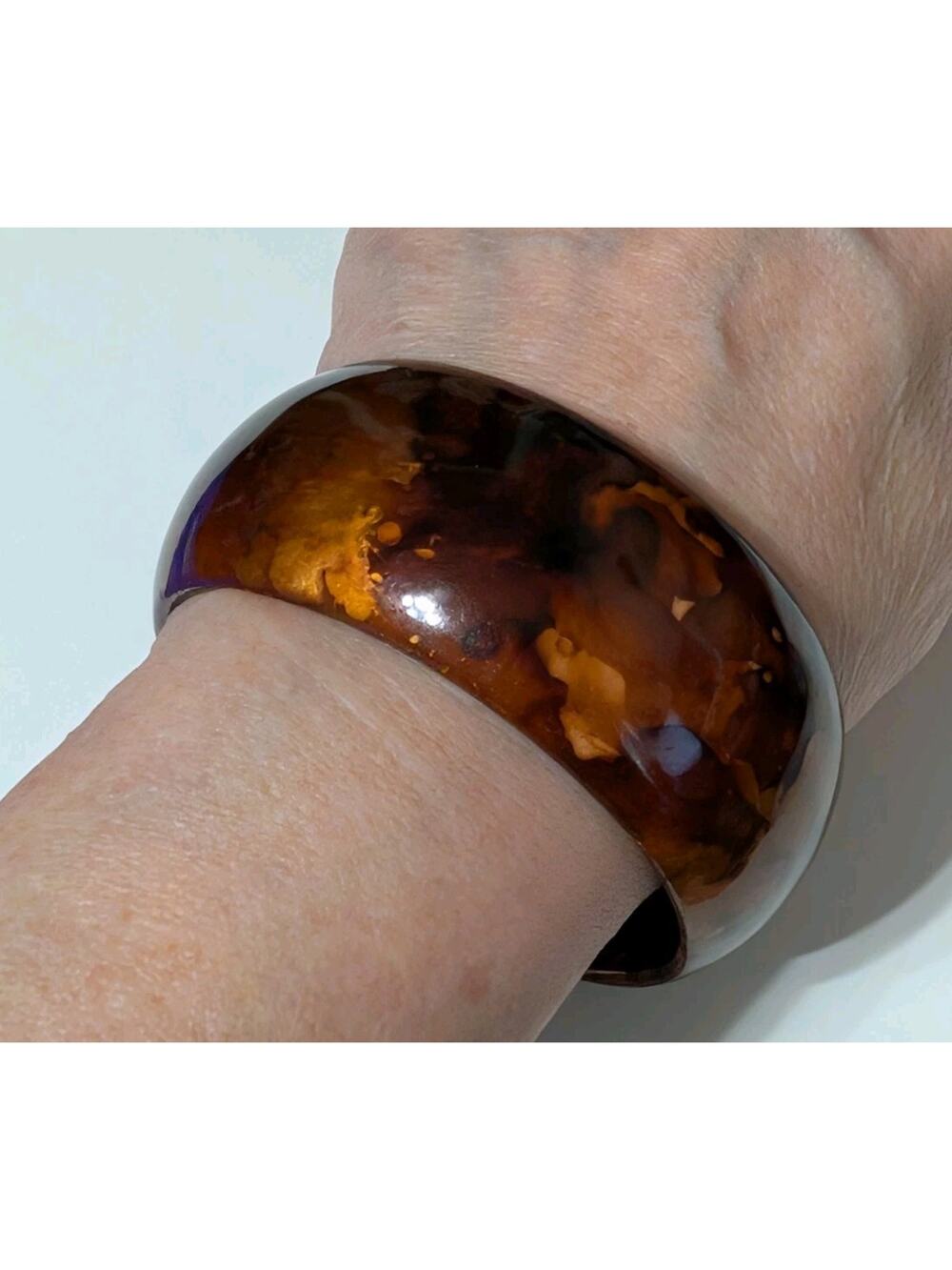 Copper Color Wide Bangle Bracelet Lucite Marbled 7" x 1.5" MOD bn-2